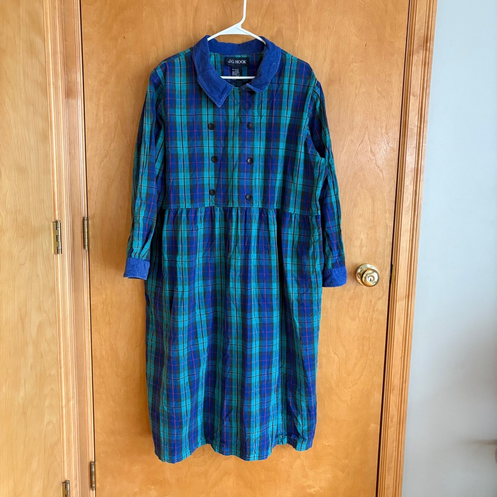 J.G. Hook Plaid Flannel Dress Womens 22W Blue Teal Corduroy Trim Double Breasted